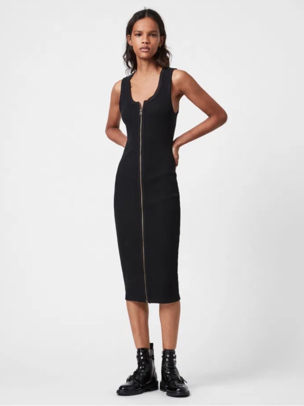 AllSaints Black Sleeveless Midi Dress with Front Zip
